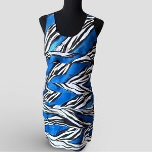MICHAEL KORS Blue Black White Ruffled Zebra Stripe Sleeveless Dress